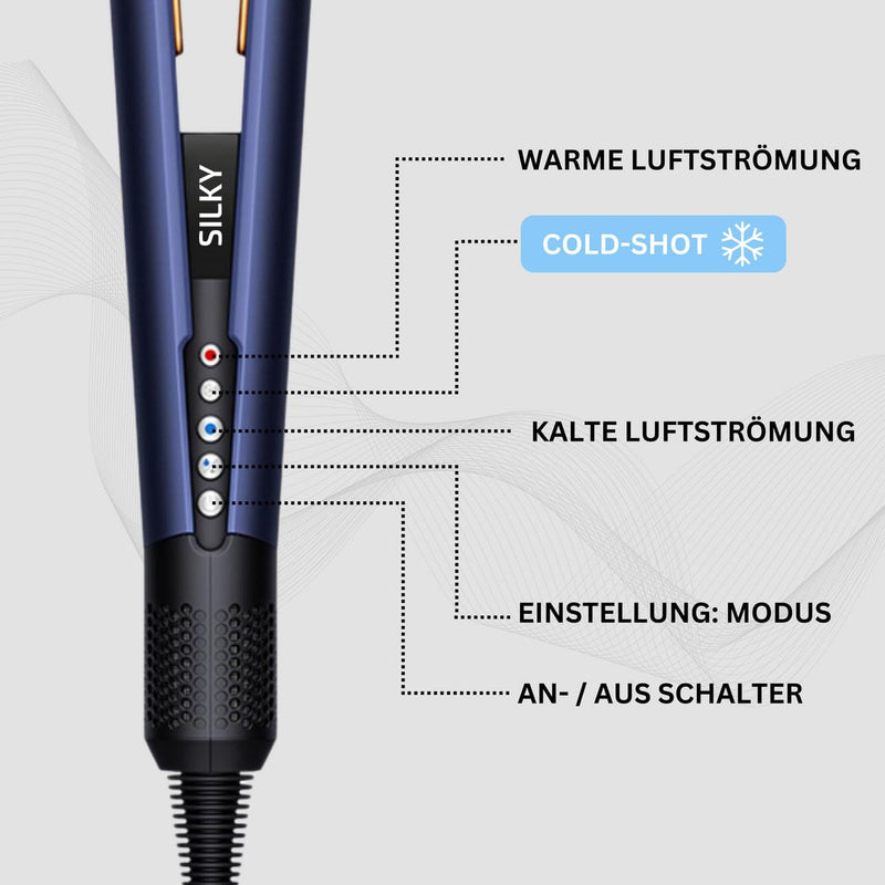 Air Straightener Platinum – drei Temperaturstufen (80 °C – 140 °C) und drei Luftstrom-Geschwindigkeiten für individuelles Styling.