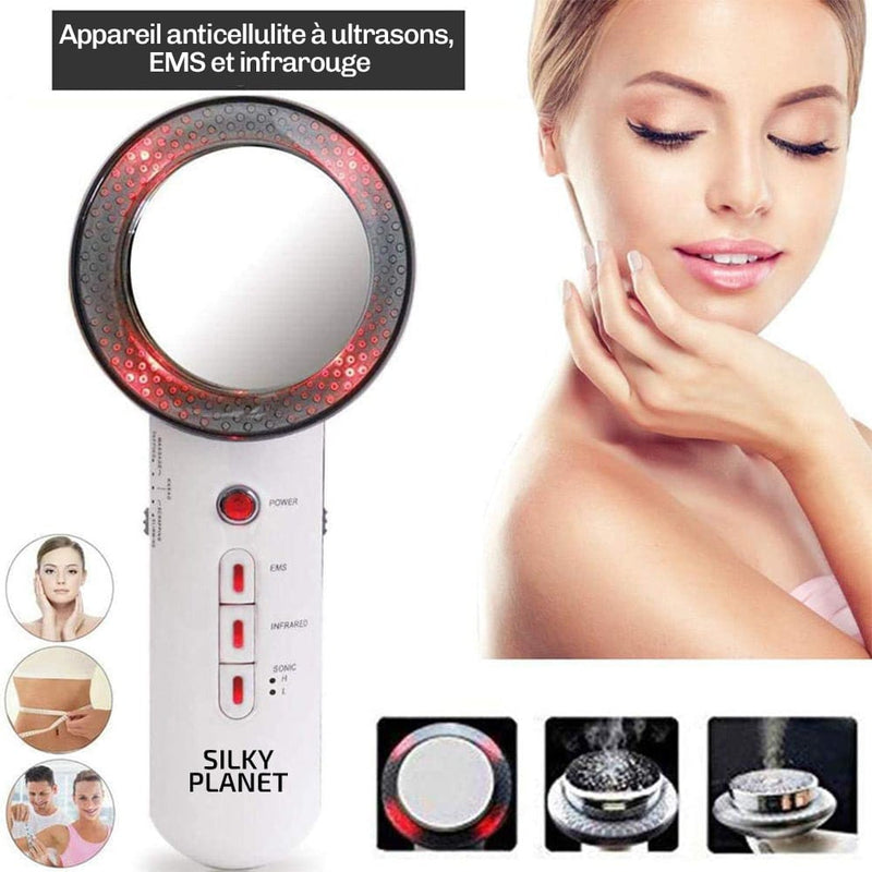 Detailaufnahme des Silky Planet Anti-Cellulite Geräts Kylea – zeigt EMS-, Infrarot- und Ultraschallfunktionen für straffere Haut.