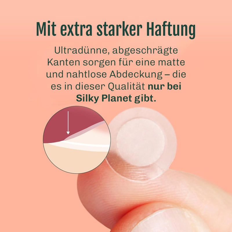 Silky Planet Anti-Pickel Pflaster tagsüber unter Make-up oder über Nacht – diskrete Soforthilfe gegen Akne und Unreinheiten.