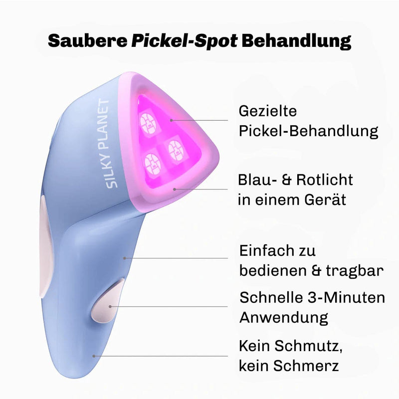 Komplettes Silky Planet DermaClear Set inkl. Hauptgerät, Ladegerät und Anleitung – bereit für die Heim-Lichttherapie.