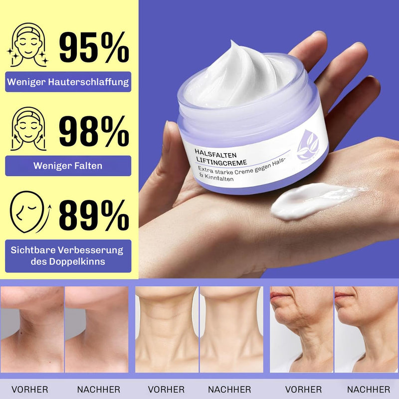 Anwendung der Silky Planet Hals-Falten Lifting Creme auf gereinigter Halshaut – sanft einmassieren für bessere Elastizität.