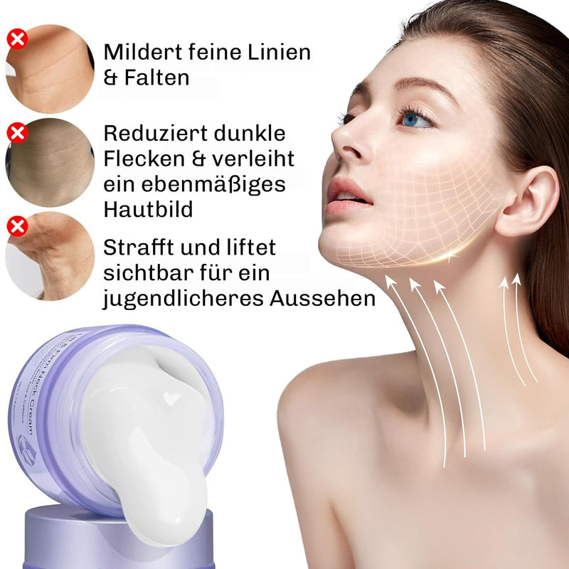 Ergebnis nach regelmäßiger Anwendung der Silky Planet Hals-Falten Lifting Creme – strafferes Hautbild, reduzierte Falten und sichtbare Konturverbesserung.