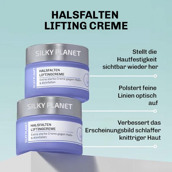 Detailaufnahme der Inhaltsstoffe der Silky Planet Hals-Falten Lifting Creme – Wirkkomplex mit Kollagen, Peptiden und Hyaluron für Straffung.