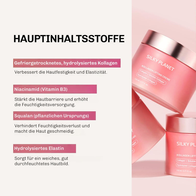 Integriere Silky Planet Kollagen Lifting Creme in deine tägliche Beauty-Routine – morgens und abends anwenden für maximale Wirkung.