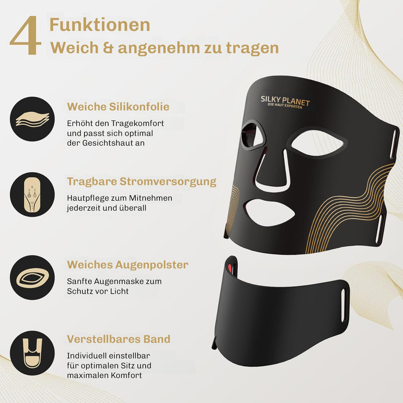 Anwendung der Silky Planet LUMIDARK LED Maske – einfach aufs Gesicht setzen, Lichtmodus wählen und 10 Minuten Behandlung starten.