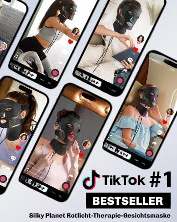 Detailaufnahme der Silky Planet LUMIDARK LED Lichttherapie Maske – flexibles Silikonmaterial, verstellbarer Kopfriemen, USB-C Anschluss.