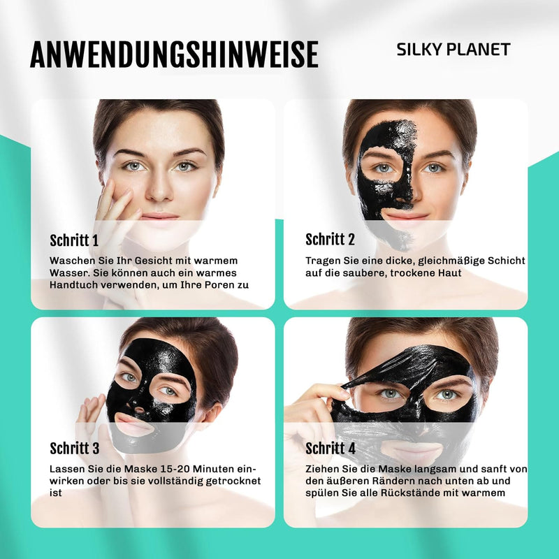 Anwendung der Silky Planet Mitesserentferner Maske – gleichmäßiger Auftrag auf Nase, Stirn und Kinn zum Entfernen von Mitessern und Talg.