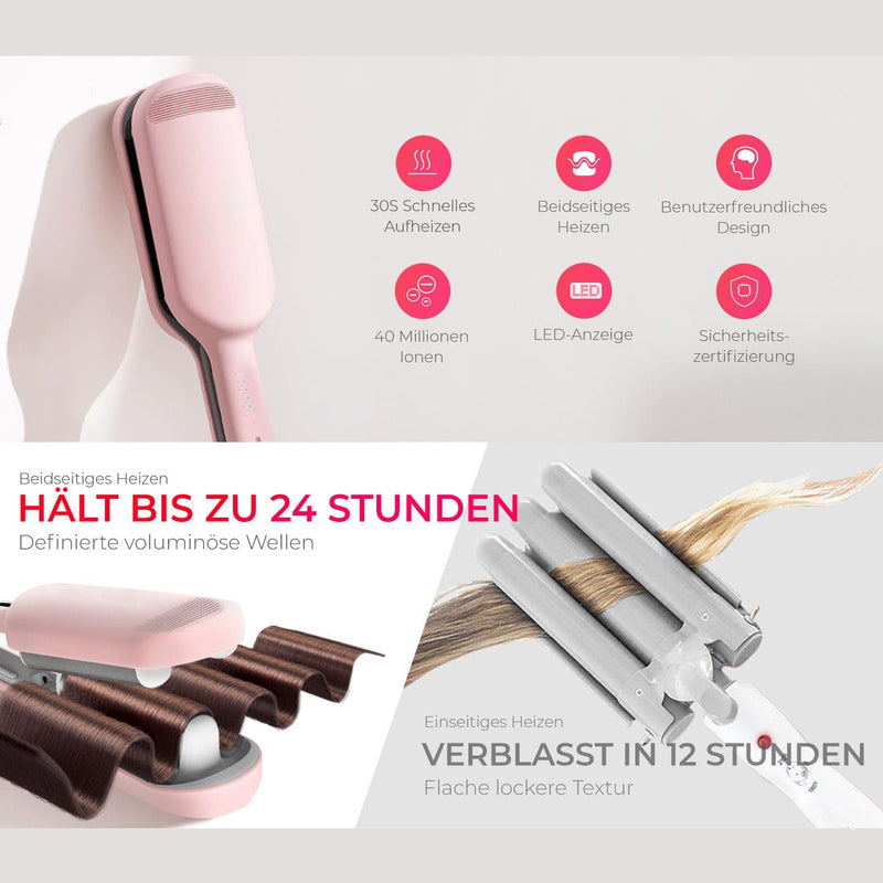 Lieferumfang des NovaCurl Ionen Welleneisens – Hauptgerät, Anleitung und optionales Zubehör für ein komplettes Styling-Set.