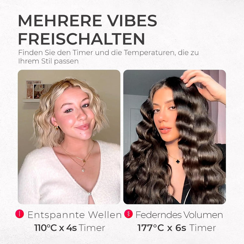 Vorher-Nachher Vergleich mit dem NovaCurl Ionen Welleneisen – sichtbar mehr Glanz, definierte Wellen und weniger Frizz.