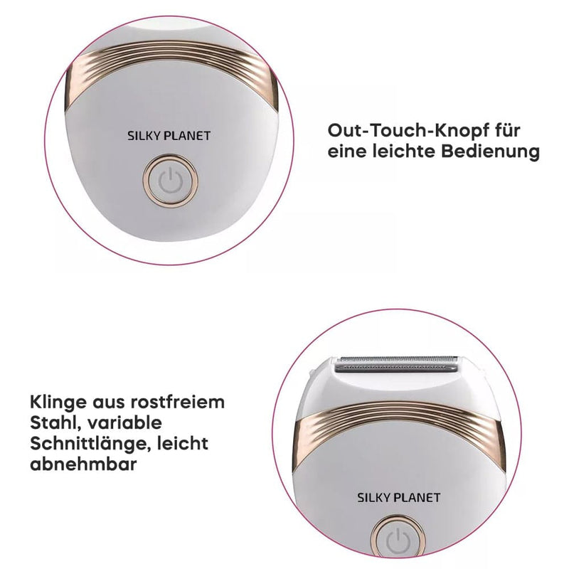 Anwendungsschritte: aufladen, aufsetzen, in leichten Bewegungen rasieren, danach pflegen – einfache Routine