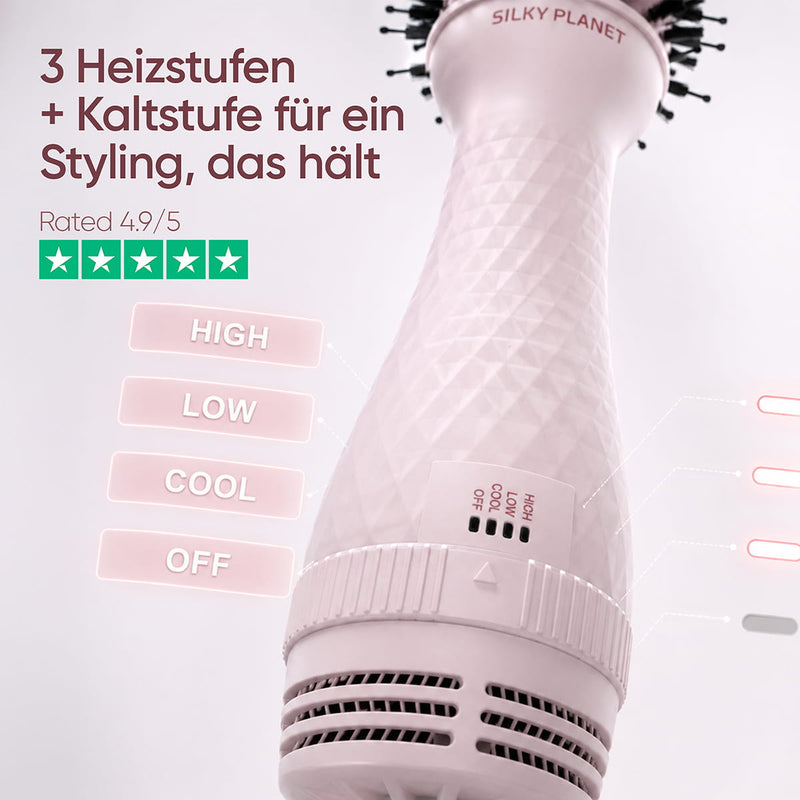 Ionen-Föhnbürste mit negativer Ionentechnologie gegen Frizz und für geschmeidiges Haar.