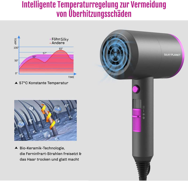 Ionen-Technologie reduziert Frizz und verleiht Glanz – glattere Haarstruktur beim Föhnen