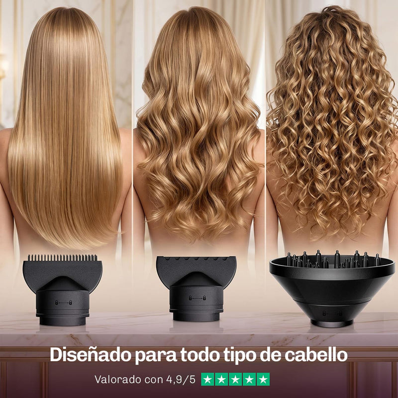 Secador iónico con tecnología avanzada que reduce el frizz y protege el cabello del calor.