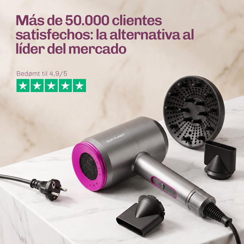 Secador de pelo profesional AirFusion de SilkyPlanet para un secado rápido, menos encrespamiento y un brillo intenso.