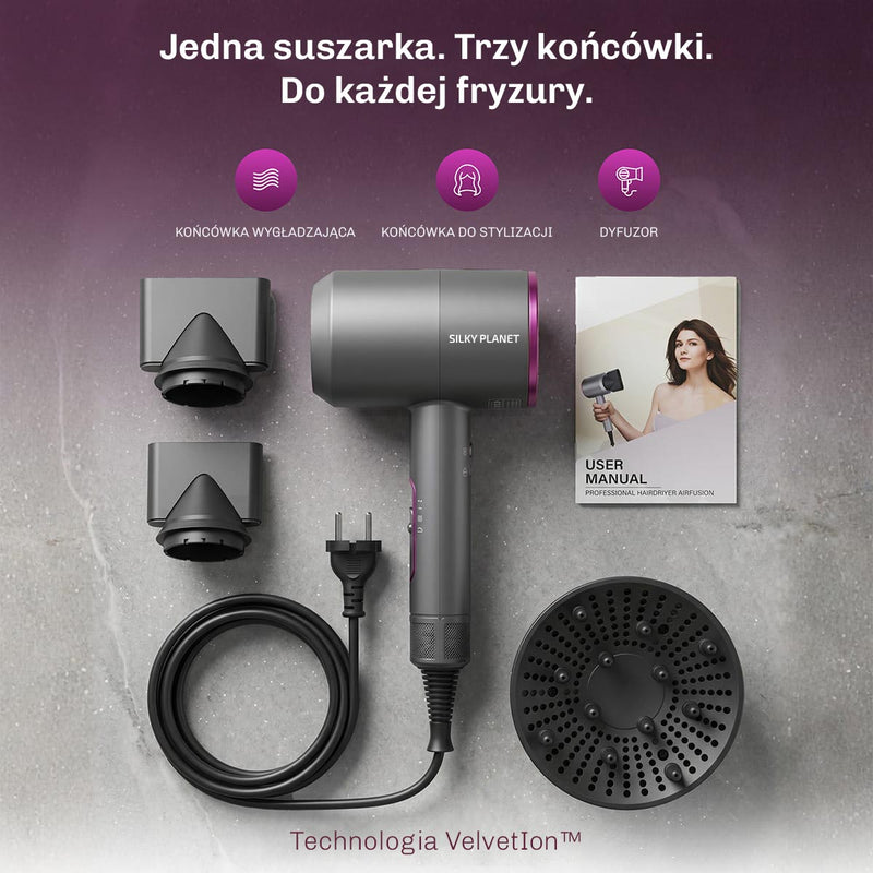 Jonowa suszarka AirFusion z technologią jonową dla gładszych, bardziej lśniących i pełniejszych włosów.